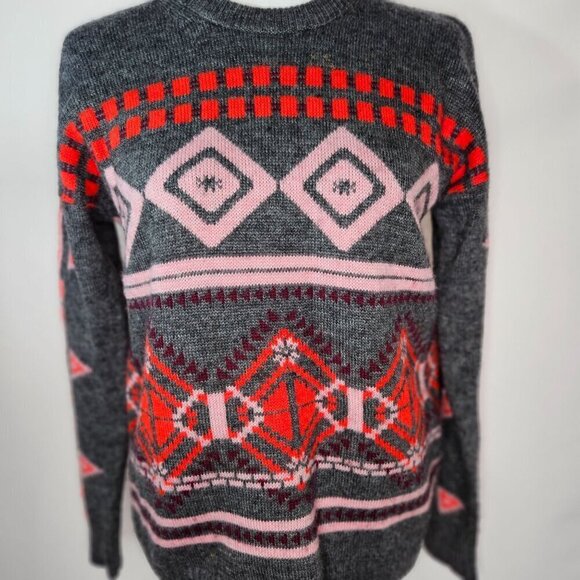 J. Crew Size Medium Abstract Fair Isle Gray Red Pink Wool Mohair Blend Sweater - Picture 2 of 11